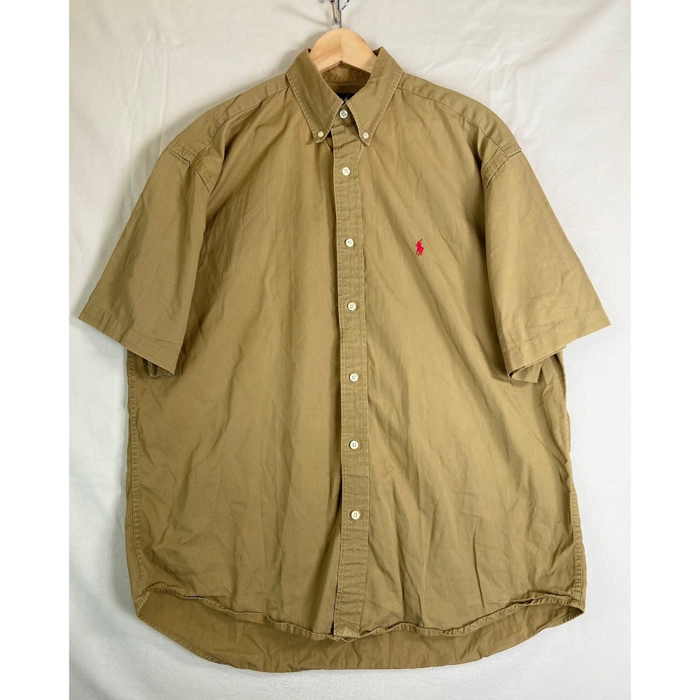Polo Ralph Lauren Blake Shirt Mens XL Tan Khaki Cotton Short Sleeve Button Down